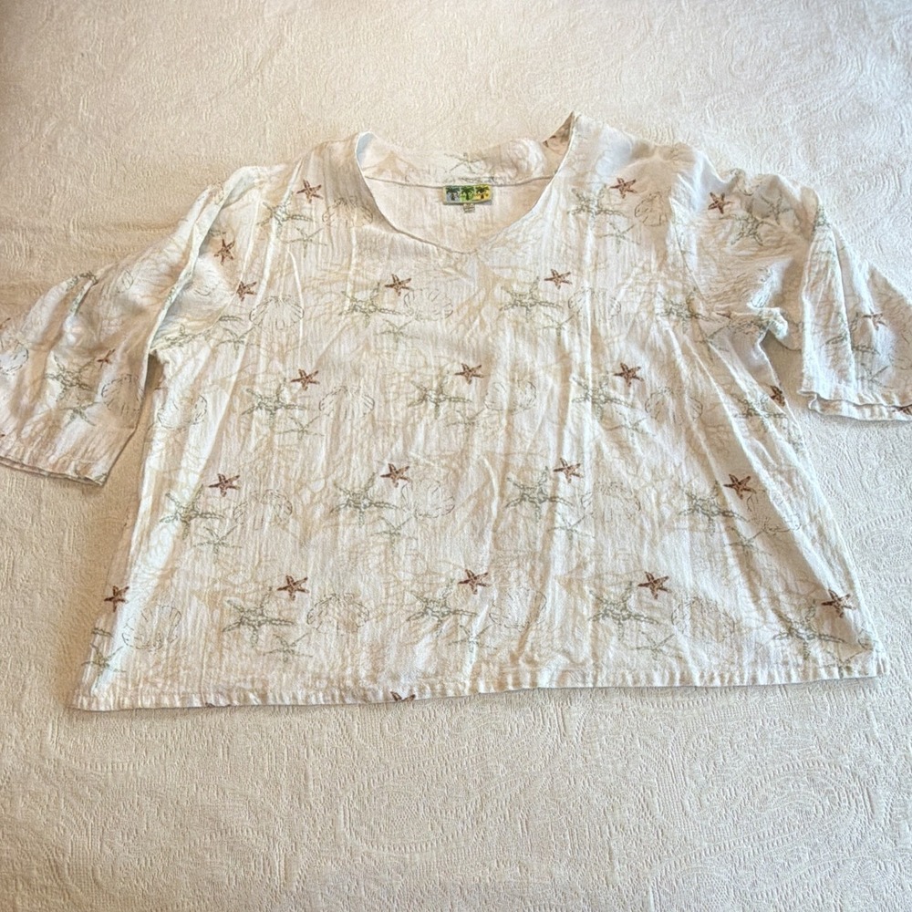 Palm Grove Women’s Plus 3X White Cotton Knit Starfish Embroidered 3/4 Tunic